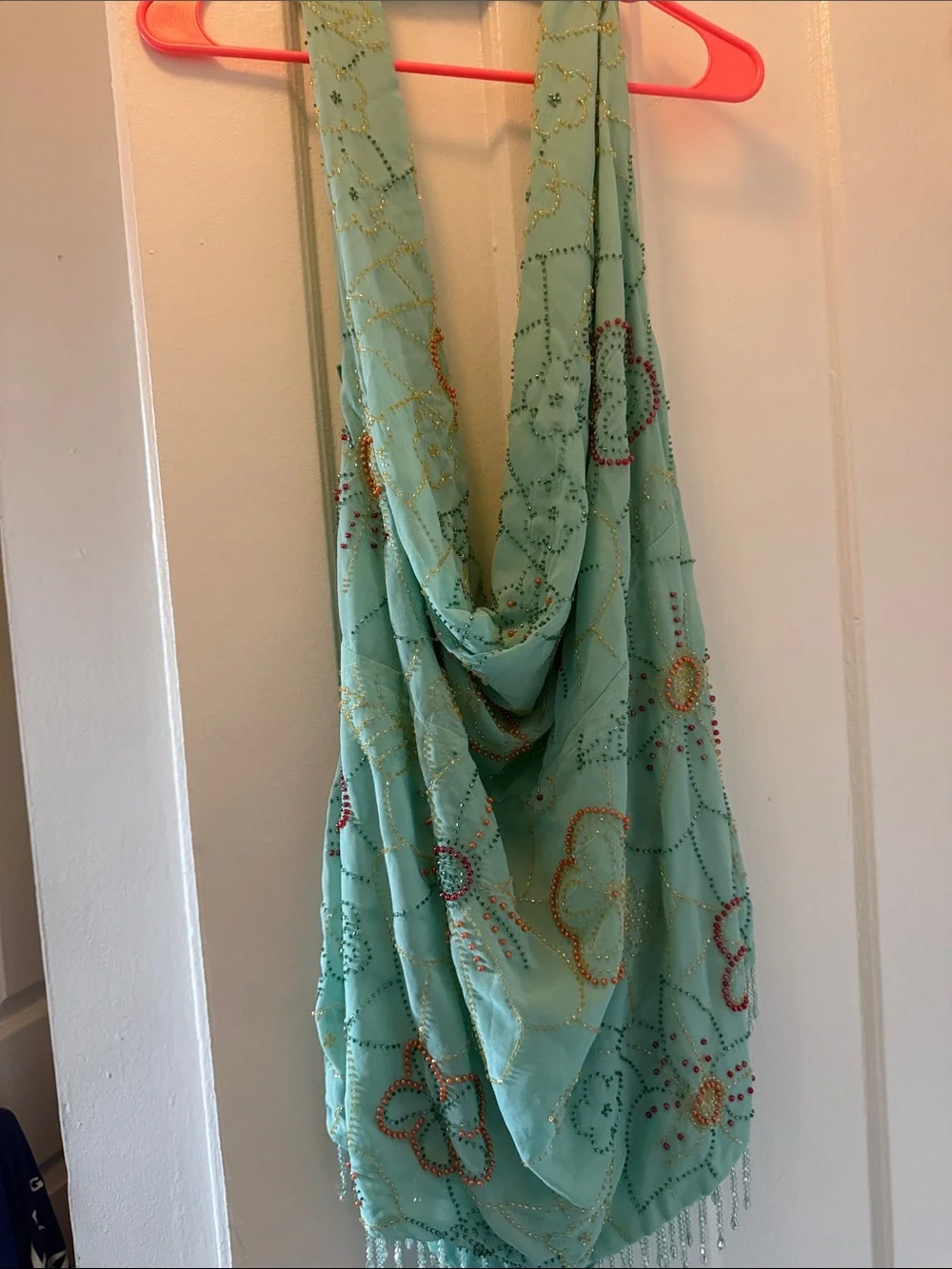 Peppermayo Aqua Beaded Draped Accent Scarf